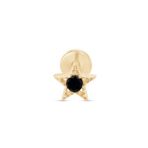 Gouden ster zwarte onyx platte achterkant oorbel voor conch piercing, ster platte achterkant 14K gouden stud, 18G labret conch stud-sieraden met intern schroefdraad