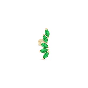 May include: A gold-colored earring featuring five marquise-cut, vibrant green gemstones arranged in a curved line. The earring has a post and backing for secure wear. The design is elegant and suitable for various occasions.