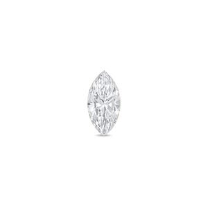 May include: A marquise-cut gemstone with a clear, colorless, and transparent appearance. The stone features a pointed oval shape with multiple facets that reflect light, creating a brilliant, sparkling effect across its surface.