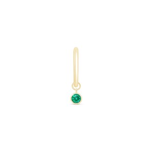 Emerald Green Bezel Gold Charm Earring, Small Dangle Hoop, Dainty Elegant Handmade Cartilage Jewelry, Emerald Birthstone Gift