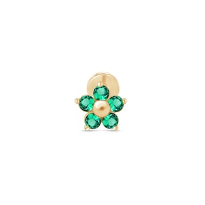 Pendientes de flor de esmeralda en oro sólido de 14k, pendientes de cartílago para piercing, joyería fina, pendientes con rosca interna.