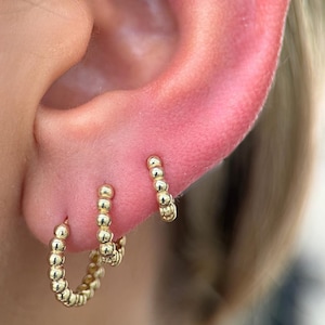 6mm/8mm/10mm Beaded Hoop Earring, 14k Solid Gold Huggie Hoop. Cartilage Helix Lobe Piercing Jewelry, Gift for Mom, Wife or Daughter