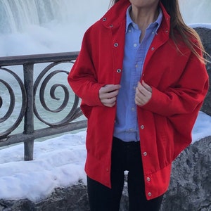 100% Wool Shell Exterior // Vibrant Red Long Sleeve Vintage Jacket // Wide Arms // Made in Canada // Malanson // ‘Union Made’ // Etiquette