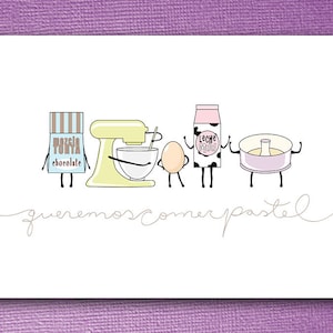 Feliz Cumpleaños. Birthday Cake ingredients. Spanish Birthday card. 7”x 5”