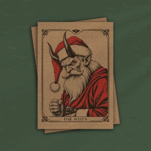 May include: A vintage-style Christmas card featuring a cartoon illustration of Santa Claus with horns and a beard. The card is brown with a red and white Santa hat and a red robe. The text "HAIL SANTA" is printed at the bottom of the card.