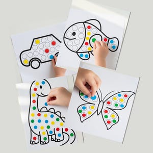 May include: Four white sheets featuring black outlines of a car, fish, dinosaur, and butterfly. Each design has circles for dot stickers. Hands are placing colourful dot stickers on the car, fish, dinosaur, and butterfly.