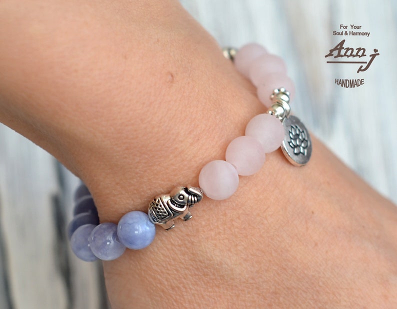 gemstone bracelet Rose Quartz Jewelry Rose Quartz bracelet Matte Gift for her Lotus Angelite Blue beads bracelet