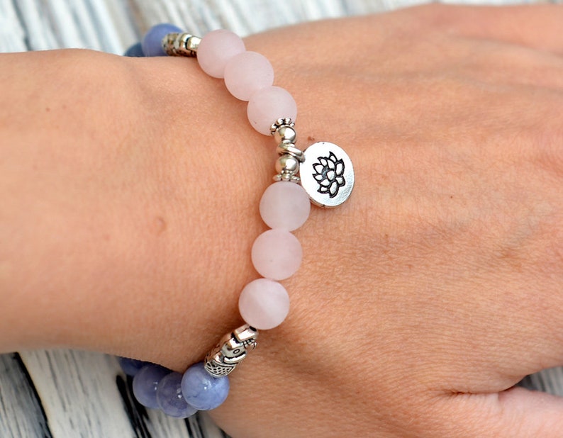 gemstone bracelet Rose Quartz Jewelry Rose Quartz bracelet Matte Gift for her Lotus Angelite Blue beads bracelet