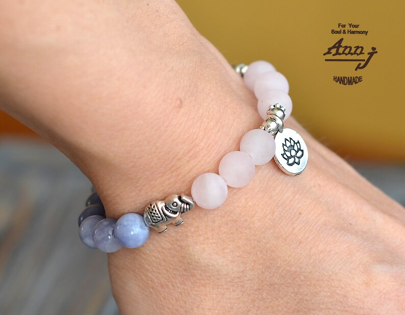 gemstone bracelet Rose Quartz Jewelry Rose Quartz bracelet Matte Gift for her Lotus Angelite Blue beads bracelet