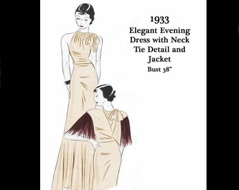 1930s 30s 1933 Art Deco Elegant Evening Dress & Jacket Bow Tie Vintage  Sewing Pattern Bust 38 E Pattern Reproduction PDF INSTANT DOWNLOAD