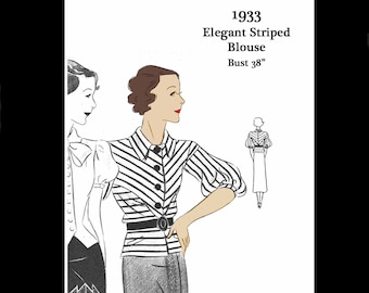 Patrón de costura vintage de los años 30 para blusa de seda y algodón a rayas - Busto 38 (DESCARGA EN PDF)