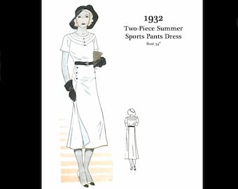 1930s 30s Vintage Sewing Pattern Art Deco Summer Sports Pants Dress Over Skirt Two Piece Dress Bust 34 PDF INSTANT DOWNLOAD