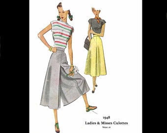 1940s Vintage Sewing Pattern Culottes Shorts - Waist 26 (PDF DOWNLOAD)