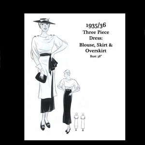 1930s 30s Vintage Sewing Pattern Art Deco Evening Three Piece Dress Blouse Skirt Overskirt Silk Blouse Bust 38 PDF INSTANT DOWNLOAD