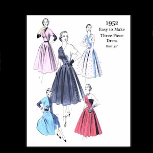 May include: A vintage 1952 sewing pattern for a three-piece dress, bust 81 cm. The illustration features five dress designs in shades of pink, blue, and red. The text "Bright Young Things" is displayed at the bottom of the image.