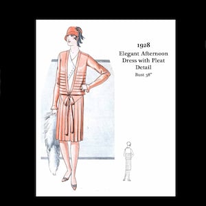 May include: A 1928 fashion illustration of a woman wearing a peach-colored dress with a pleated skirt and a matching jacket. The dress has a sash tied at the waist. The woman is wearing a red hat and holding a white feather boa. The illustration is titled "Elegant Afternoon Dress with Pleat Detail" and includes the text "Bust 38"
