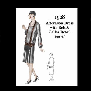 May include: A 1928 vintage illustration of a woman wearing a silver dress with a brown belt and a brown and white patterned collar. The dress has long sleeves and a knee-length skirt. The woman is wearing black shoes and has short black hair. The illustration is labeled "Afternoon Dress with Belt & Collar Detail" and "Bust 38".