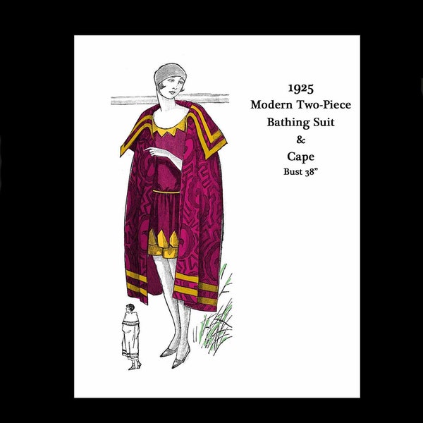 1920s 20s 1925 Art Deco Great Gatsby Flapper Cape Bathing Suit Vintage Sewing Pattern Bust 38 E Pattern Reproduction PDF INSTANT DOWNLOAD
