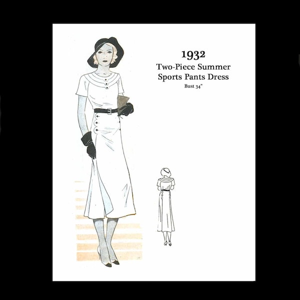 1930s 30s Vintage Sewing Pattern Art Deco Summer Sports Pants Dress Over Skirt Two Piece Dress Bust 34 PDF INSTANT DOWNLOAD