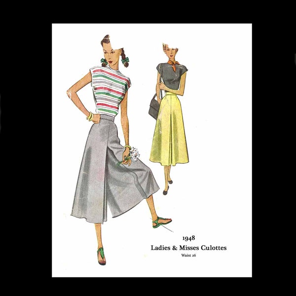 1940s Vintage Sewing Pattern Culottes Shorts - Waist 26 (PDF DOWNLOAD)