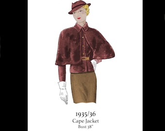 Cartamodello vintage anni '30 per giacca/cappotto elegante con mantella - Busto 38 (DOWNLOAD PDF)