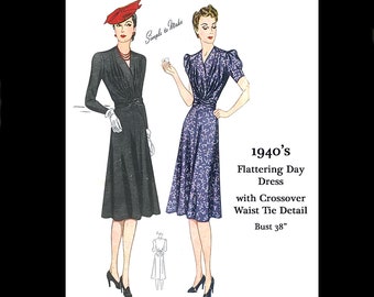 1940s 40s Reproduction Vintage Sewing Pattern Simplicity 3279 Easy Simple To Make Day Dress Tie Front Detail Bust 38 PDF INSTANT DOWNLOAD