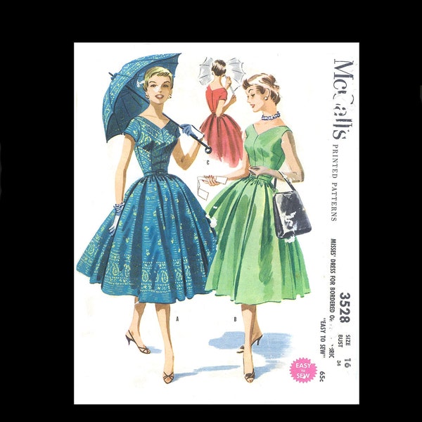 1950s 50s Reproduction Vintage Sewing Pattern McCalls 3528 Easy To Make Prom Full Skirt Dress & Parasol Bust 34 PDF INSTANT DOWNLOAD