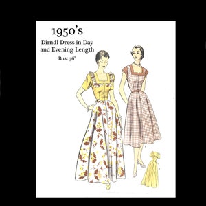 May include: A vintage sewing pattern for a dirndl dress in both day and evening lengths. The pattern is from the 1950s and features two different styles of dresses. The first dress is a long, flowing dress with a floral print. The second dress is a shorter, more fitted dress with a plaid print. The pattern is for a bust size of 36 inches.