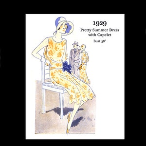 1920s 30s 1929 Art Deco Elegantes Sommerkleid aus Seide Baumwolle Voile mit Cape, Büste 38, PDF SOFORT DOWNLOAD