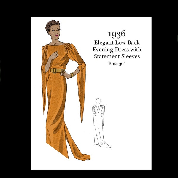 1930s 30s Art Deco floor Length Silk Evening Gown Dress Statement Sleeves Vintage Sewing Pattern Bust 36 E Pattern Reproduction PDF DOWNLOAD