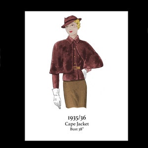 1930s 30s Vintage Sewing Pattern Smart Cape Jacket Coat Wool Velvet Dress Bust 38 PDF INSTANT DOWNLOAD