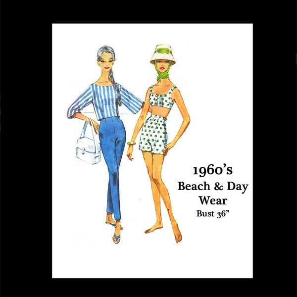1960s 60s Reproduction Vintage Sewing Pattern McCall 5457 Summer Blouse Pants Shorts Bikini Halter Beachwear Bust 36 PDF INSTANT DOWNLOAD
