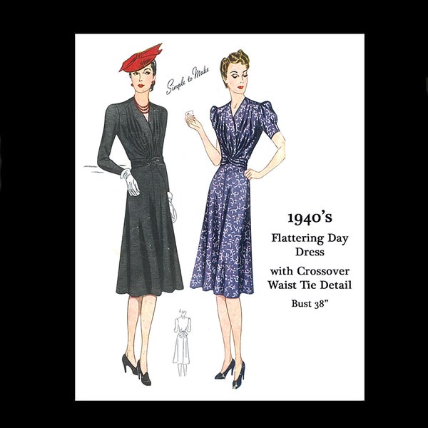 1940s 40s Reproduction Vintage Sewing Pattern Simplicity 3279 Easy Simple To Make Day Dress Tie Front Detail Bust 38 PDF INSTANT DOWNLOAD