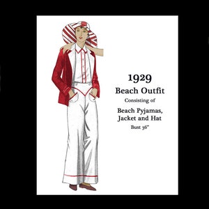 1920s 30s 1929 Art Deco Complete Beach Outfit: Sleeveless Beach Pyjamas, Jacket & Sun Hat, Bust 36, PDF INSTANT DOWNLOAD