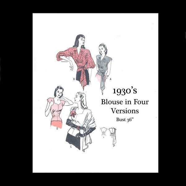 1940s 40s Reproduction Vintage Sewing Pattern Butterick 3896 Pretty Blouse in Four Versions Sash Bishop Sleeve Bust 36 PDF INSTANT DOWNLOAD