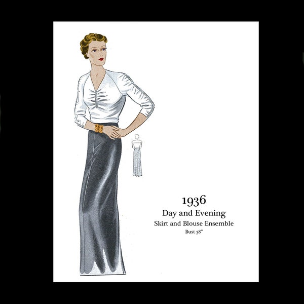 1930s 30s Art Deco Day Evening Ensemble Floor Length Skirt Blouse Vintage Sewing Pattern Bust 38 E Pattern Reproduction PDF DOWNLOAD