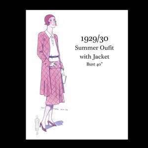 May include: A vintage illustration of a woman wearing a pink and white summer outfit with a jacket. The text on the image reads "1929/30 Summer Outfit with Jacket Bust 40"