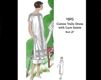 Jaren 1920 20s Art Deco Flapper Great Gatsby Katoen Voile Zon Zomer Kanten Jurk Reproductie Vintage Naaipatroon Buste 38 PDF INSTANT DOWNLOAD