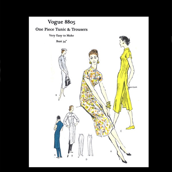 1950s 50s Reproduction Vintage Sewing Pattern Vogue 8805 Very Easy To Make Tunic Dress Pants Trousers Cheongsam Bust 34 PDF INSTANT DOWNLOAD