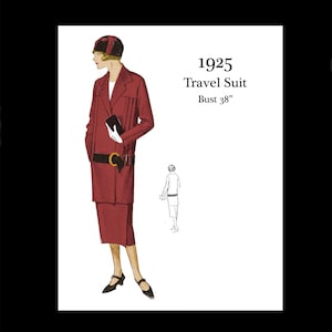 May include: A vintage illustration of a woman wearing a red travel suit with a matching hat. The illustration is from 1925 and includes the text "1925 Travel Suit Bust 38"