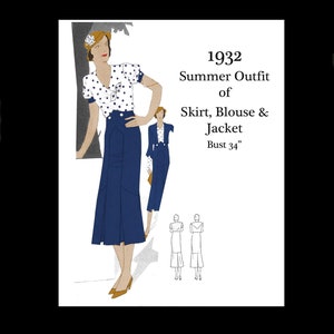 May include: A 1932 summer outfit design featuring a white polka dot blouse with a blue skirt and jacket. The design includes a bust measurement of 34 inches.