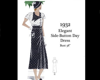 1930s 30s Vintage Sewing Pattern Art Deco Sewing Summer Day Dress Side Button Dress Bust 38 PDF INSTANT DOWNLOAD