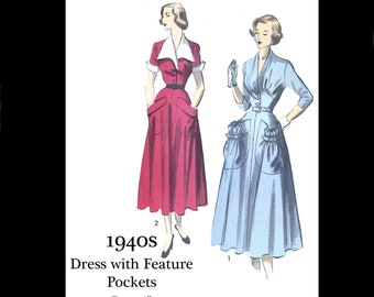 1940s 40s Reproduction Vintage Sewing Pattern Advance 5247 Day Dress Two versions Feature Pockets Detail Bust 36 PDF INSTANT DOWNLOAD
