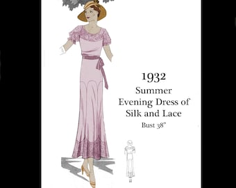 1930s 30s Vintage Sewing Pattern Summer Afternoon Dress Silk Georgette Lace Chiffon Art Deco Dress Bust 38 PDF INSTANT DOWNLOAD