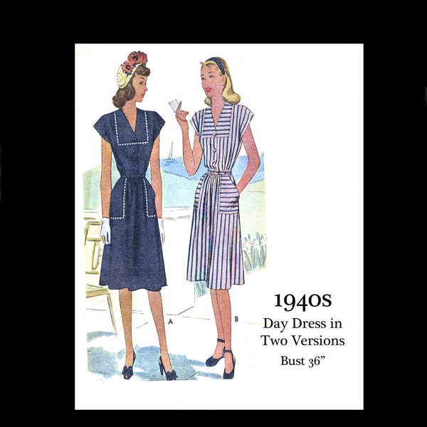 1940s 40s Reproduction Vintage Sewing Pattern Pretty Day Dress Shirtwaist Dress Rick Rack Detail Bust 36 PDF INSTANT DOWNLOAD