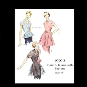 1950s 50s Reproduction Vintage Sewing Pattern Simplicity 3535 Blouse tUNIC pEPLUM Bust 36 PDF INSTANT DOWNLOAD