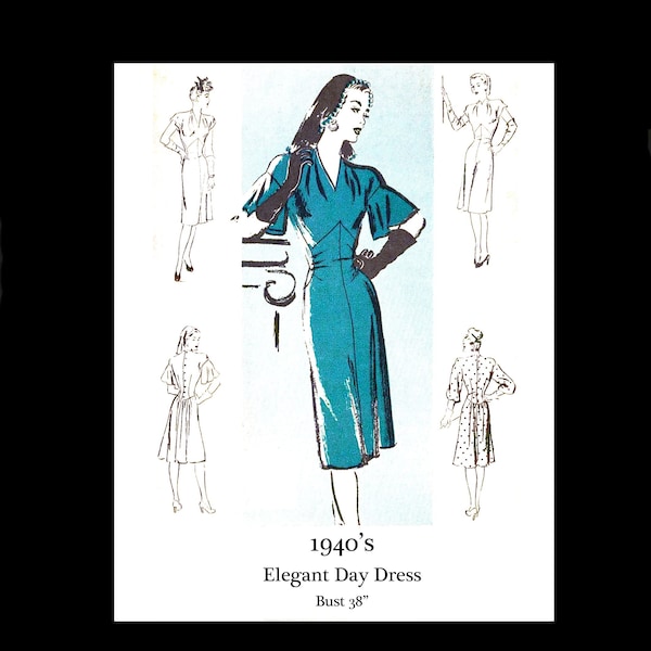 1940s 40s Reproduction Vintage Sewing Pattern Hersey Elegant Day Dress Puff Sleeve Bust 38 PDF INSTANT DOWNLOAD