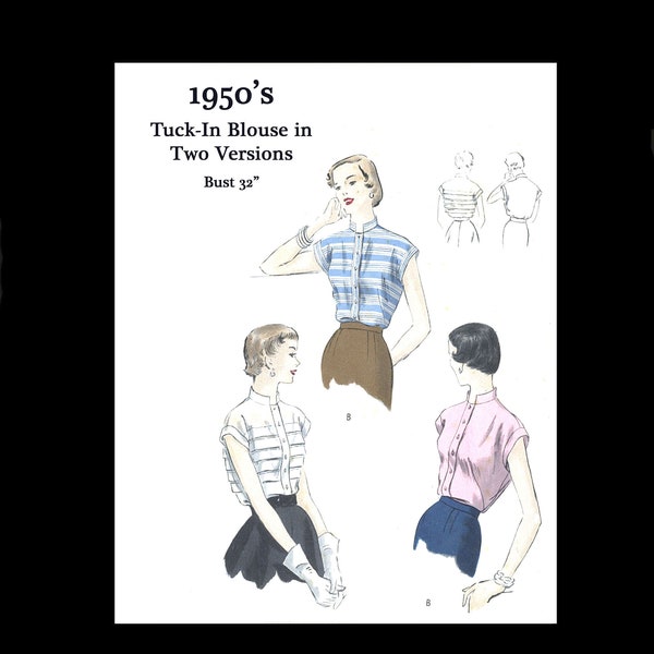1950s 50s Reproduction Vintage Sewing Pattern Vogue 6969 Pretty Capped Sleeve Blouse Pleat Detail Bust 32 PDF INSTANT DOWNLOAD