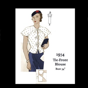Könnte beinhalten: Ein Vintage-Schnittmuster aus dem Jahr 1934 für eine Schleifenbluse mit einem Brustumfang von 86 cm. Das Schnittmuster zeigt eine weiße Bluse mit schwarzen Punkten und einer Schleife am Ausschnitt. Das Schnittmuster ist mit einer Frau illustriert, die die Bluse und einen Rock trägt.