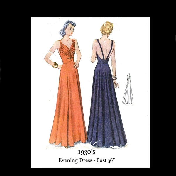 1930s 30s Reproduction Vintage Sewing Pattern McCall 3353 Misses Elegant Evening Dress Ruche Detail Bust 36 PDF INSTANT DOWNLOAD